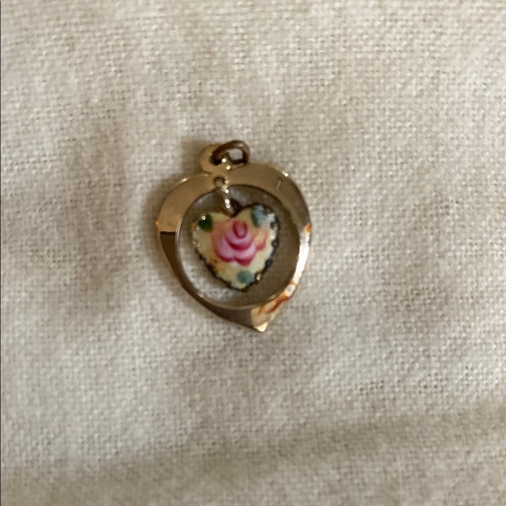 Gold Heart Pendant with Floral Design floating painted flower heart